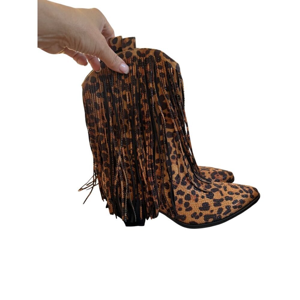 Ouepiano Womens Cowboy Boots Size 8.5 Leopard  Rhinestone Fringe Coachella New - Picture 10 of 16